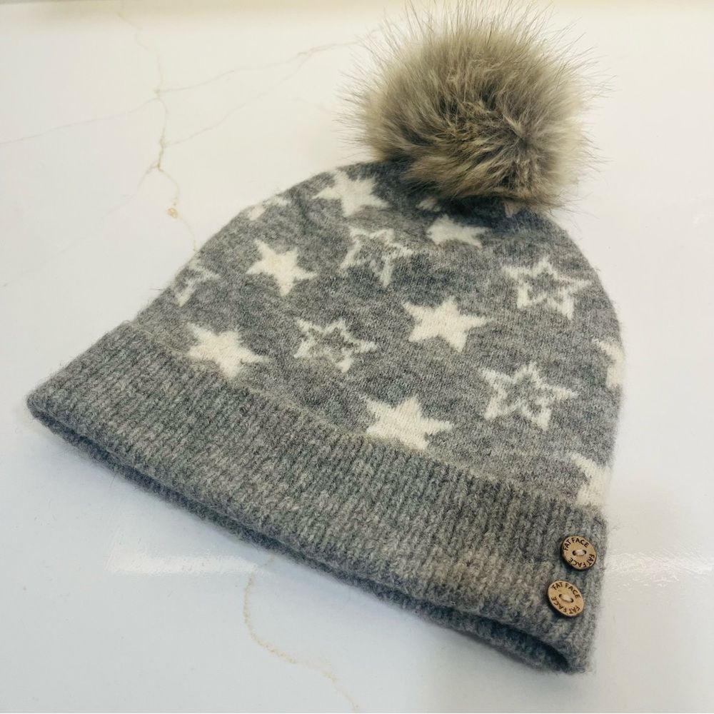 Fat Face Gray Star Beanie with Pom Pom
